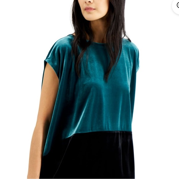 Alfani Teal Color Block Cap Sleeve Boat Neck Top S/XL - Picture 3 of 6